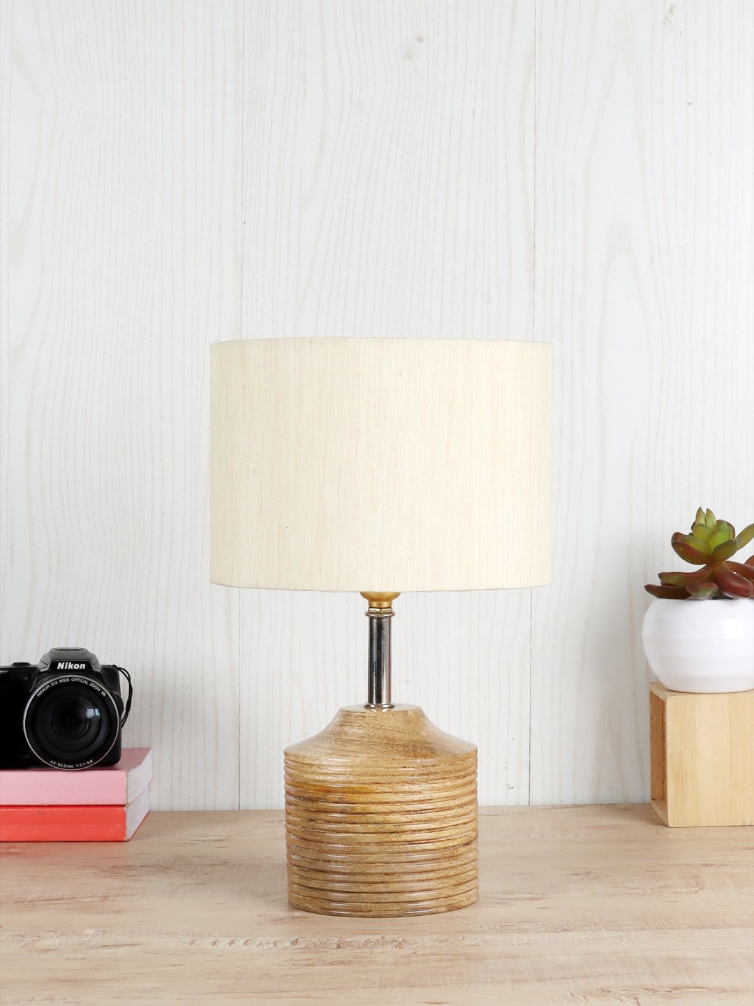 Ambika Home Off-white cotton Table Lamp with Natural Wood Base | Designer Bedside Lamp for Living Room, Bedroom, Hotel, Café & Restaurant
