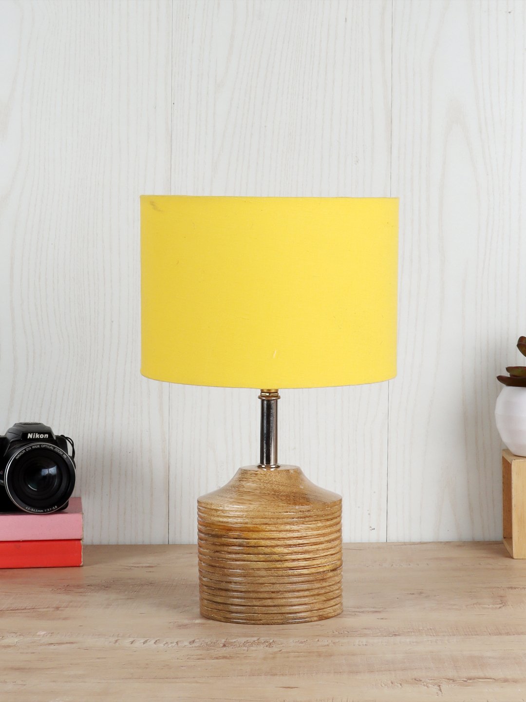 Ambika Home Yellow cotton Table Lamp with Natural Wood Base | Designer Bedside Lamp for Living Room, Bedroom, Hotel, Café & Restaurant