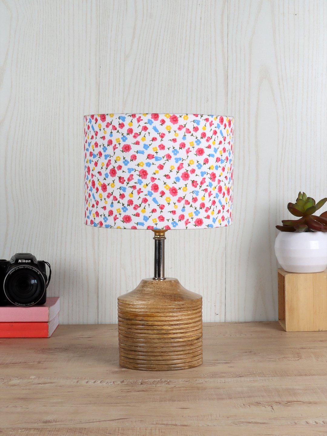 Ambika Home Multicolor cotton Table Lamp with Natural Wood Base | Designer Bedside Lamp for Living Room, Bedroom, Hotel, Café & Restaurant