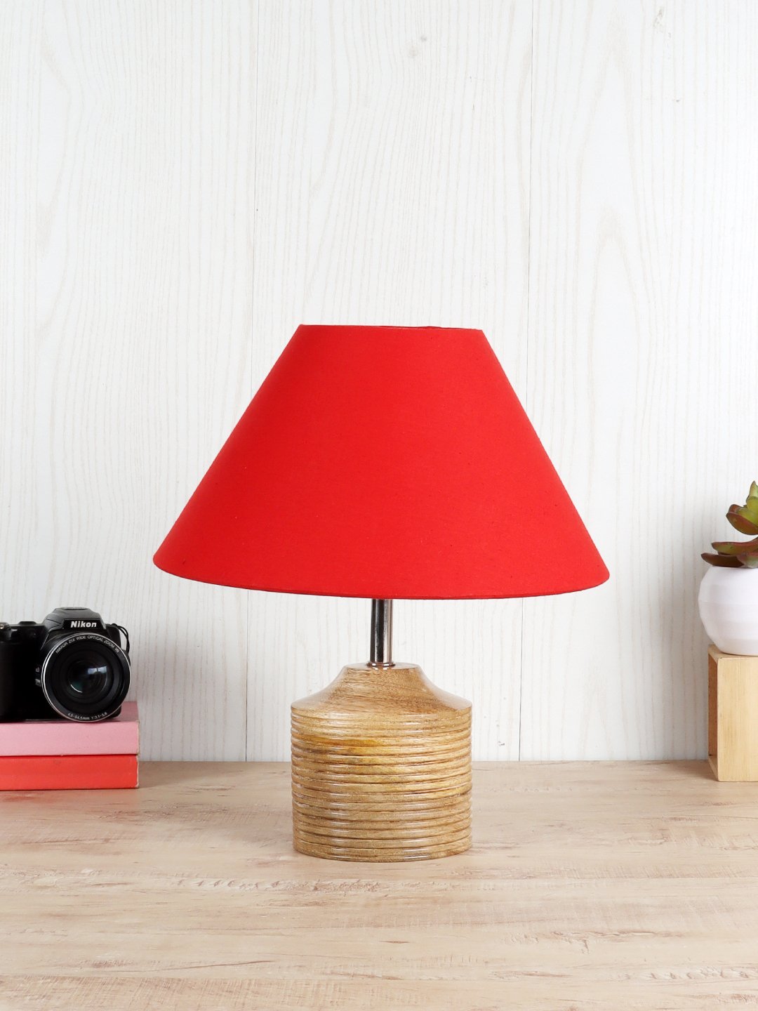 Ambika Home Red cotton Table Lamp with Natural Wood Base | Designer Bedside Lamp for Living Room, Bedroom, Hotel, Café & Restaurant