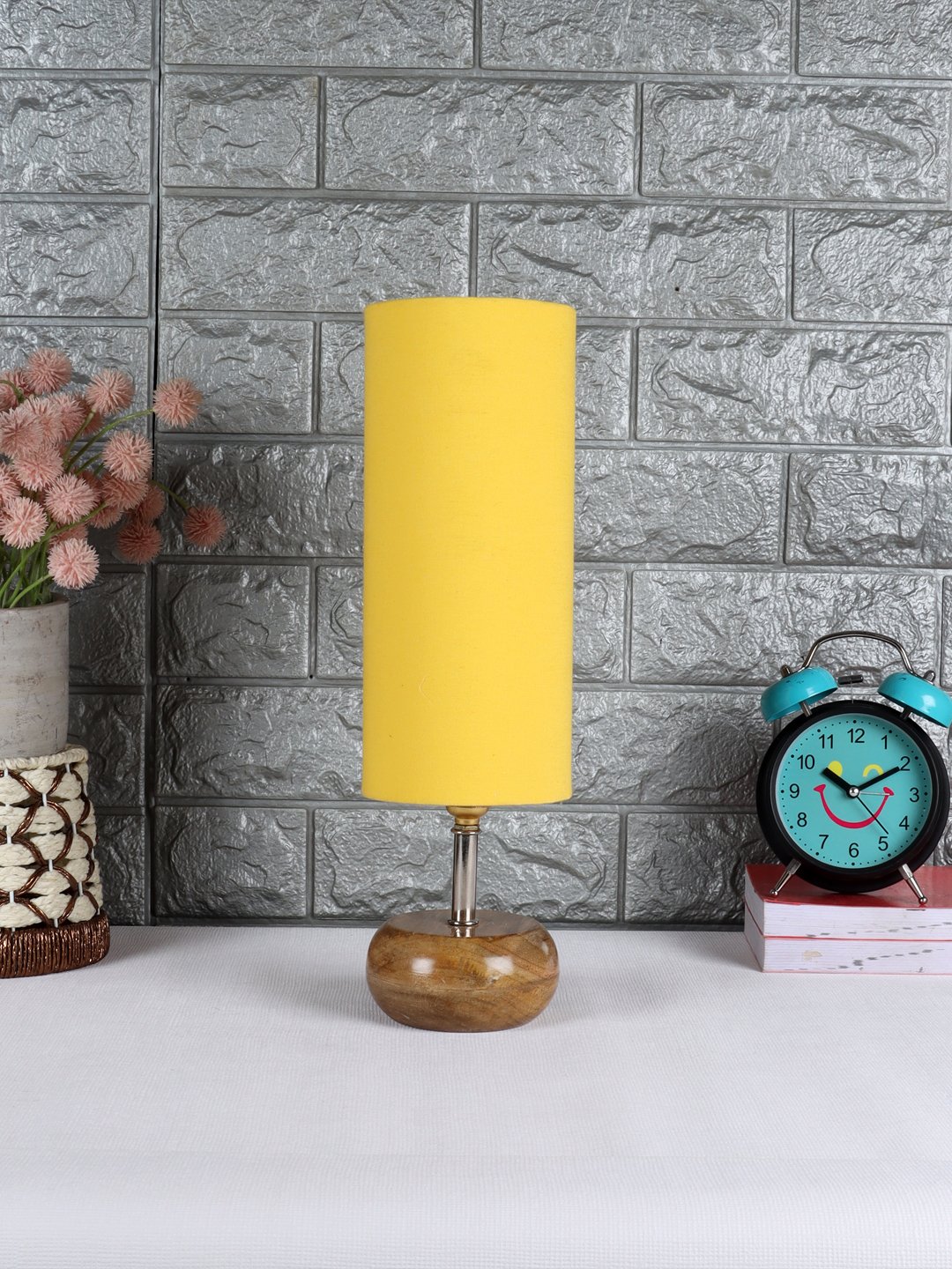 Ambika Home Yellow cotton Table Lamp with Natural Wood Base | Designer Bedside Lamp for Living Room, Bedroom, Hotel, Café & Restaurant