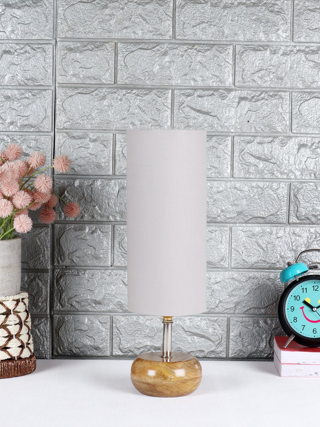 Ambika Home Grey cotton Table Lamp with Natural Wood Base | Designer Bedside Lamp for Living Room, Bedroom, Hotel, Café & Restaurant
