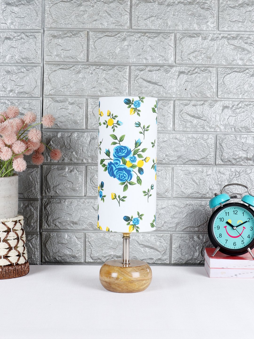 Ambika Home Multicolor cotton Table Lamp with Natural Wood Base | Designer Bedside Lamp for Living Room, Bedroom, Hotel, Café & Restaurant