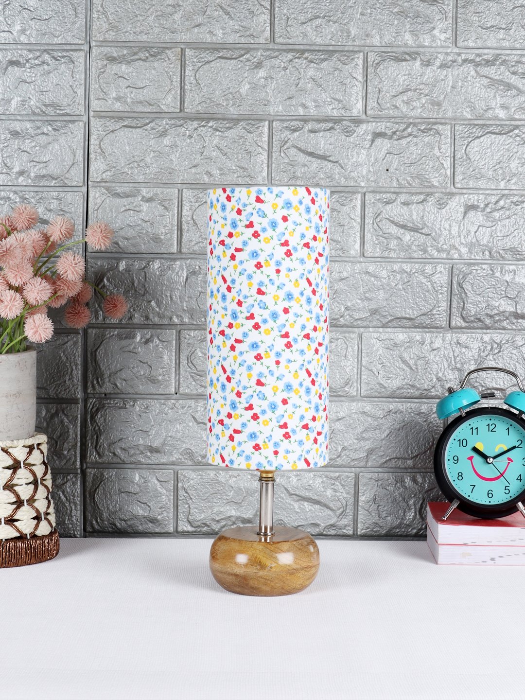 Ambika Home Multicolor cotton Table Lamp with Natural Wood Base | Designer Bedside Lamp for Living Room, Bedroom, Hotel, Café & Restaurant