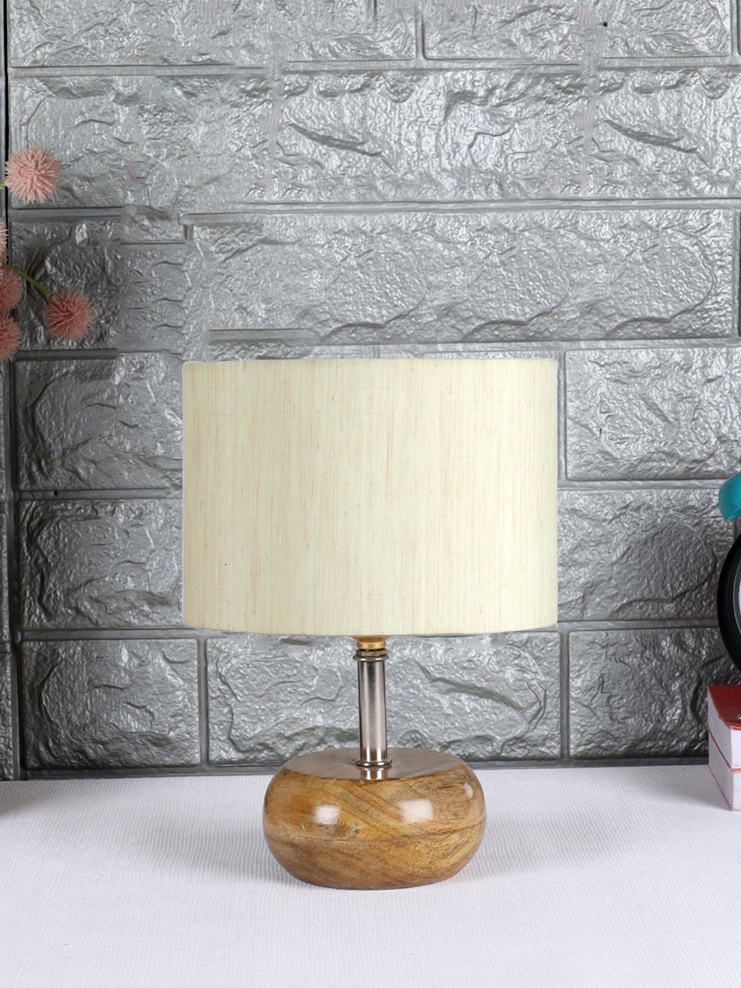 Devansh Off-white Cotton Table Lamp with Wooden Base | Decorative Bedside Lamp for Living Room, Bedroom, Hotel, Café, Restaurant & Home Décor