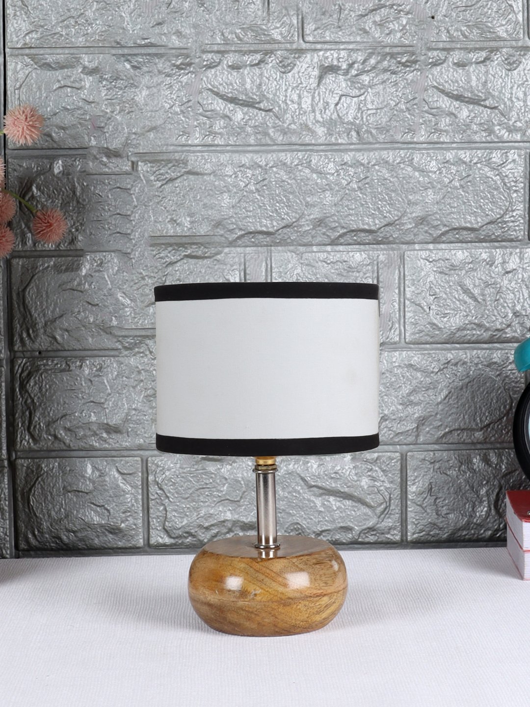 Devansh Multicolor Cotton Table Lamp with Wooden Base | Decorative Bedside Lamp for Living Room, Bedroom, Hotel, Café, Restaurant & Home Décor