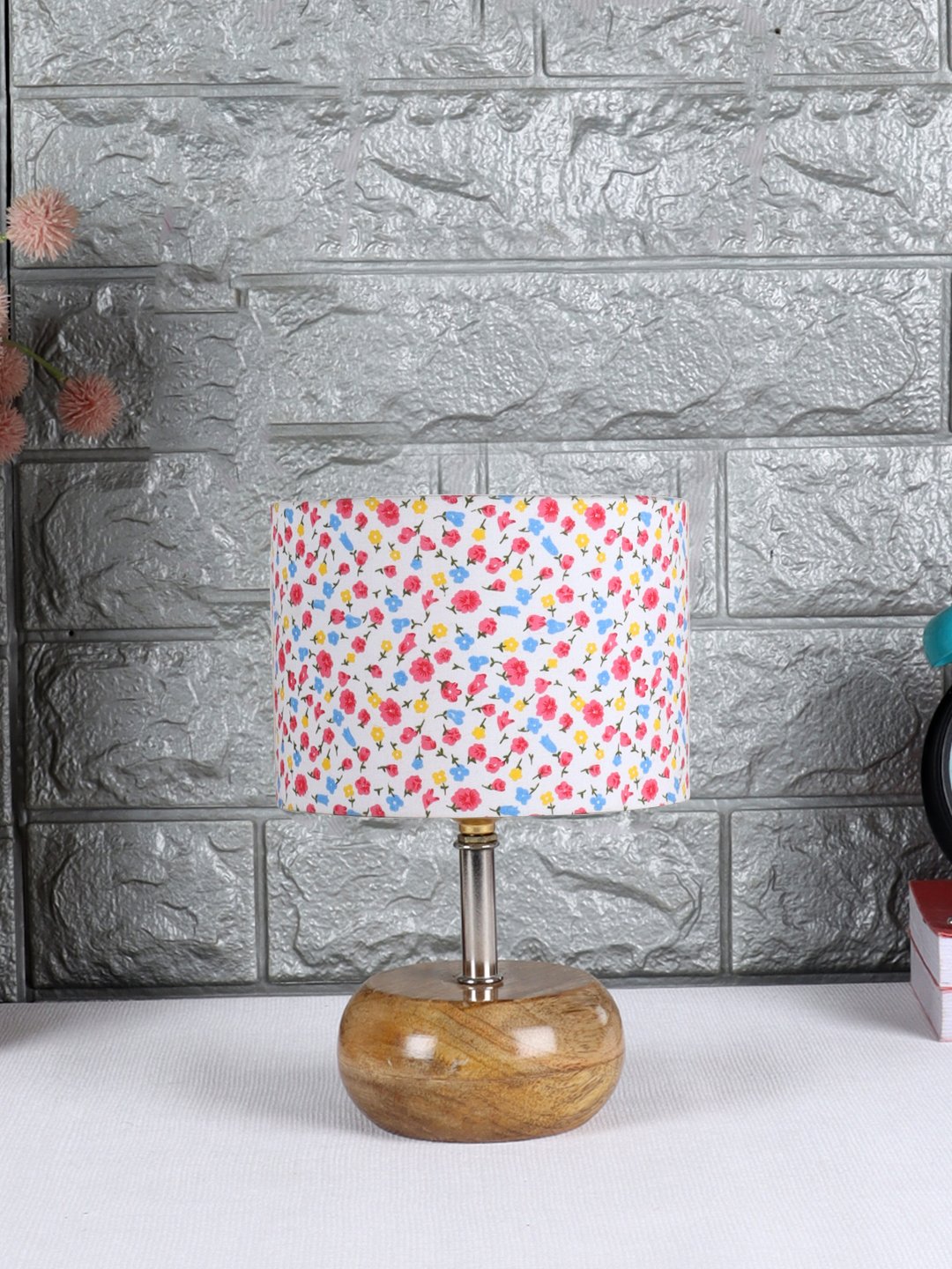 Devansh Multicolor Cotton Table Lamp with Wooden Base | Decorative Bedside Lamp for Living Room, Bedroom, Hotel, Café, Restaurant & Home Décor