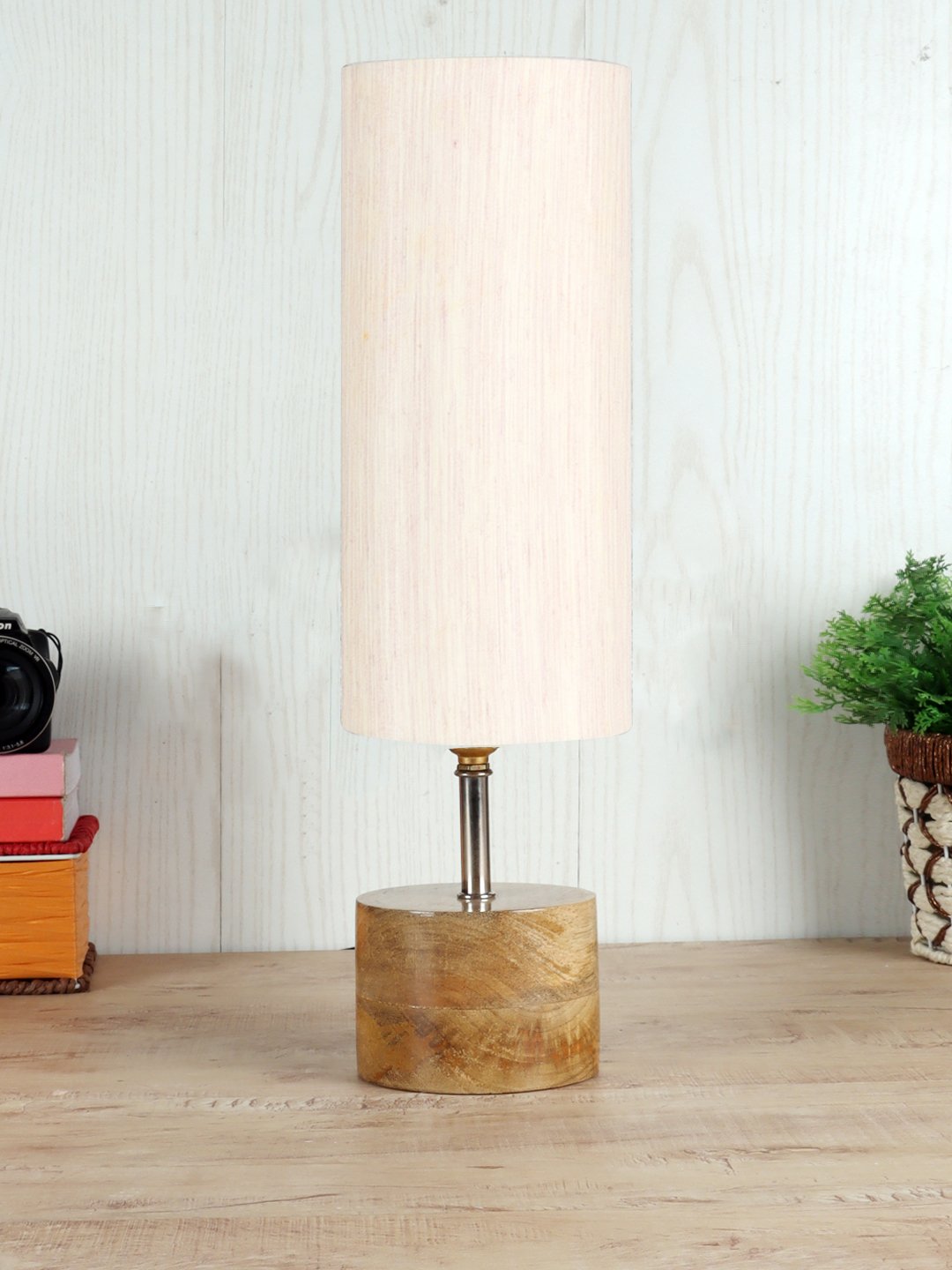 Devansh Off-white Cotton Table Lamp with Wooden Base | Decorative Bedside Lamp for Living Room, Bedroom, Hotel, Café, Restaurant & Home Décor