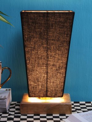 Ambika Home Wood Wood Table Lamps with Black cotton Shade | Pyramid Shade & Square Base | Bedside Lamp for Bedroom, Living Room, Study, Office, Hotel, CafÃ© & Restaurant | Modern Home Decor | E27 Holder