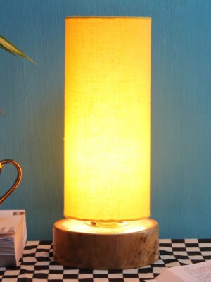 Ambika Home Wood Wood Table Lamps with Yellow Jute Shade | Round Shade & Round Base | Bedside Lamp for Bedroom, Living Room, Study, Office, Hotel, CafÃ© & Restaurant | Modern Home Decor | E27 Holder