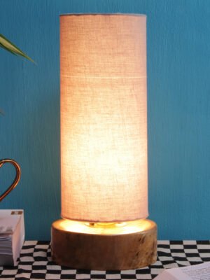 Ambika Home Wood Wood Table Lamps with Grey Jute Shade | Round Shade & Round Base | Bedside Lamp for Bedroom, Living Room, Study, Office, Hotel, CafÃ© & Restaurant | Modern Home Decor | E27 Holder