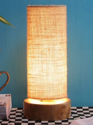 Ambika Home Wood Wood Table Lamps with Beige Jute Shade | Round Shade & Round Base | Bedside Lamp for Bedroom, Living Room, Study, Office, Hotel, CafÃ© & Restaurant | Modern Home Decor | E27 Holder