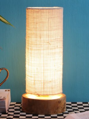 Ambika Home Wood Wood Table Lamps with White Jute Shade | Round Shade & Round Base | Bedside Lamp for Bedroom, Living Room, Study, Office, Hotel, CafÃ© & Restaurant | Modern Home Decor | E27 Holder
