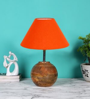 Ambika Home Premium Orange Cotton  Table Lamp with Wooden Base | Designer Bedside Lamp for Living Room, Bedroom, Hotel, CafÃ© & Restaurant