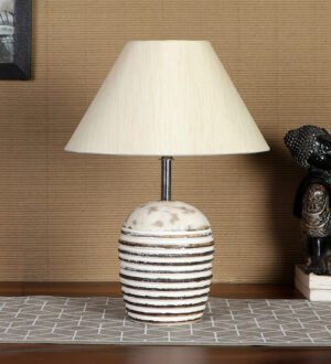 Ambika Home Premium off-white  Cotton  Table Lamp with Wooden Base | Designer Bedside Lamp for Living Room, Bedroom, Hotel, CafÃ© & Restaurant