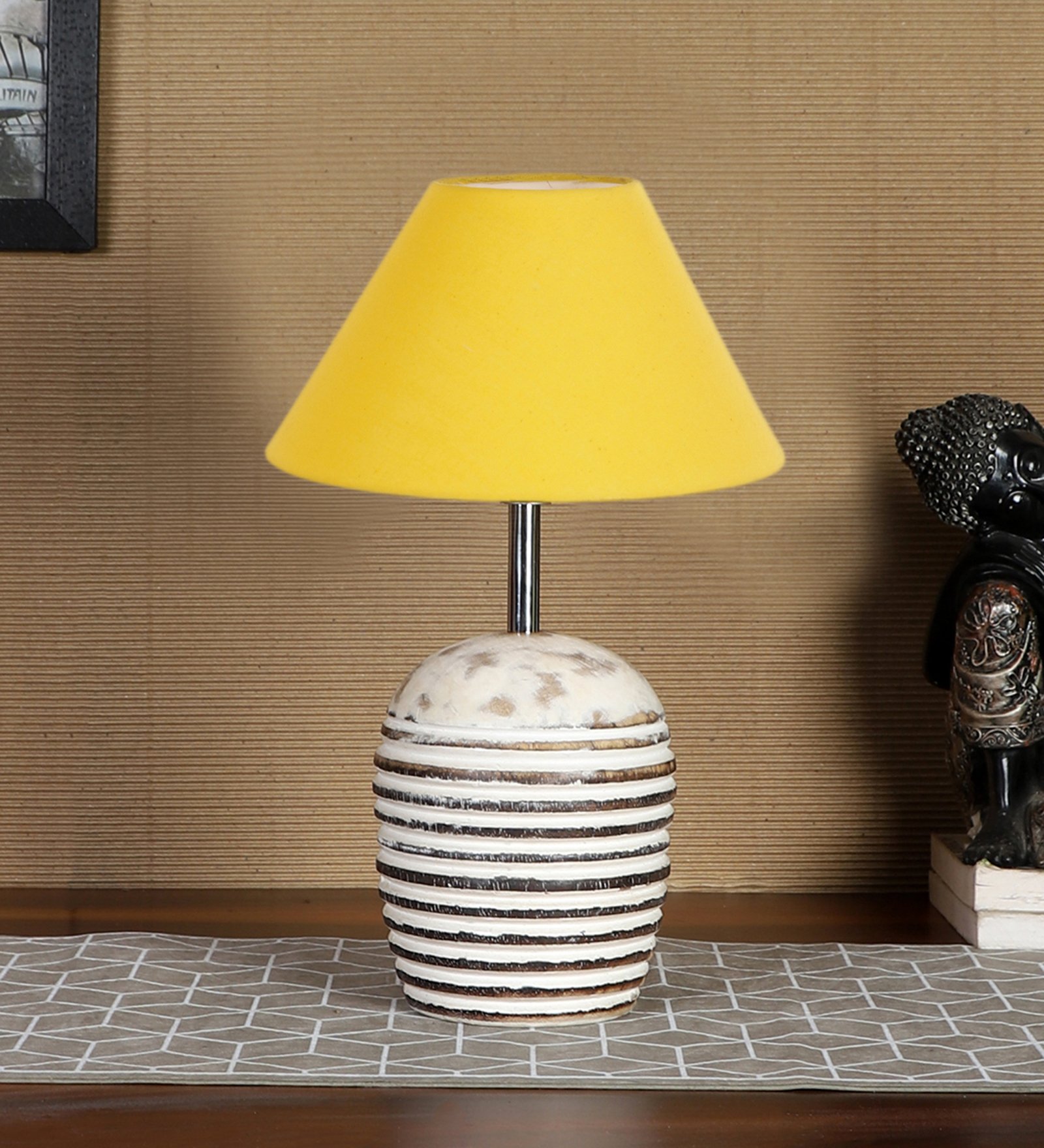 Ambika Home Premium Yellow Cotton Table Lamp with Wooden Base | Designer Bedside Lamp for Living Room, Bedroom, Hotel, Café & Restaurant