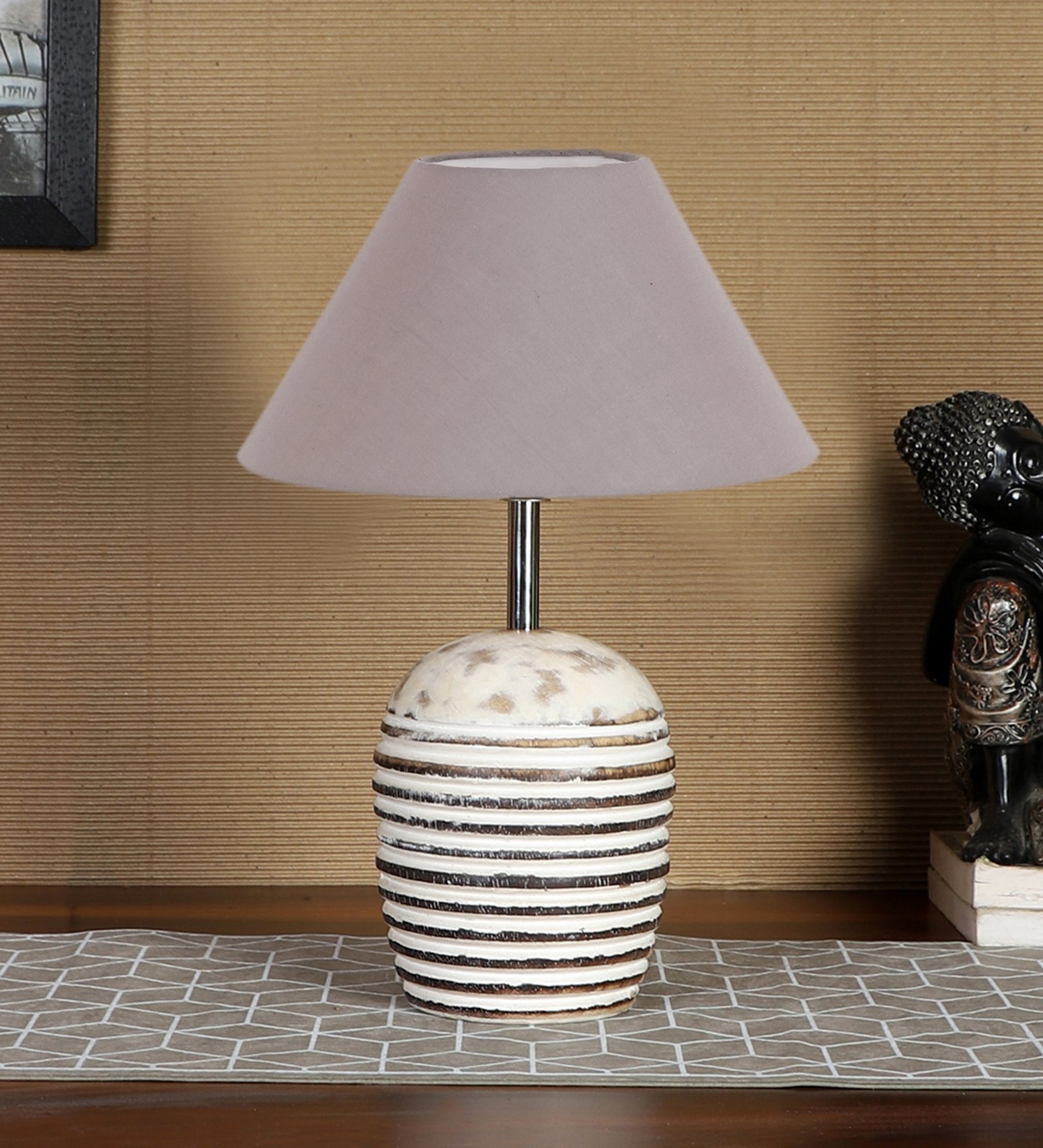 Ambika Home Premium Grey Cotton Table Lamp with Wooden Base | Designer Bedside Lamp for Living Room, Bedroom, Hotel, Café & Restaurant
