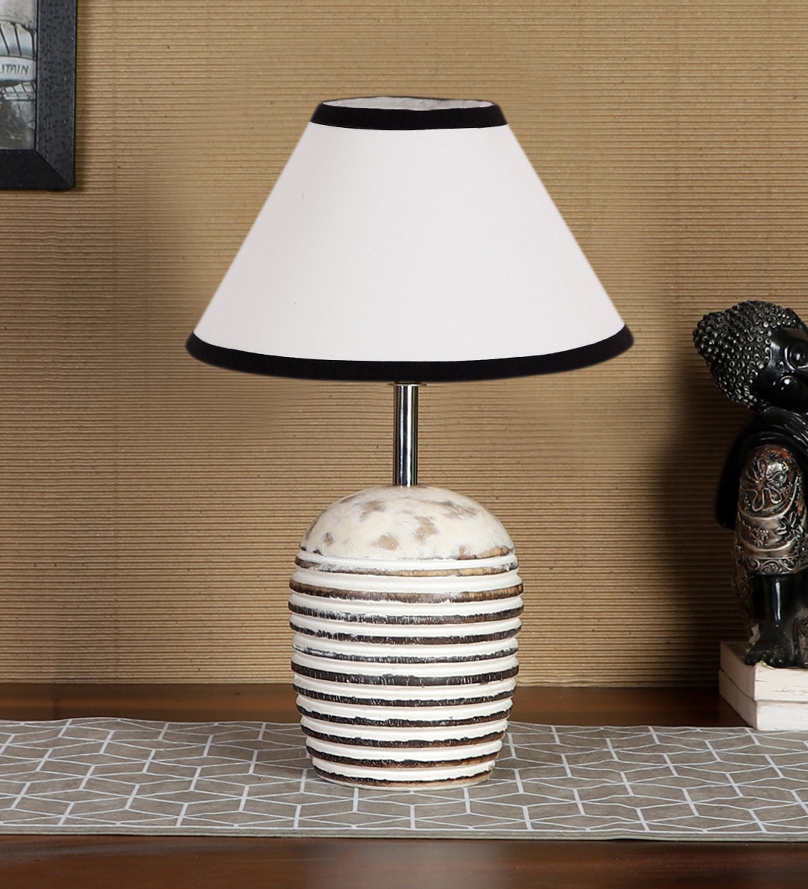 Ambika Home Premium Multi Cotton Table Lamp with Wooden Base | Designer Bedside Lamp for Living Room, Bedroom, Hotel, Café & Restaurant