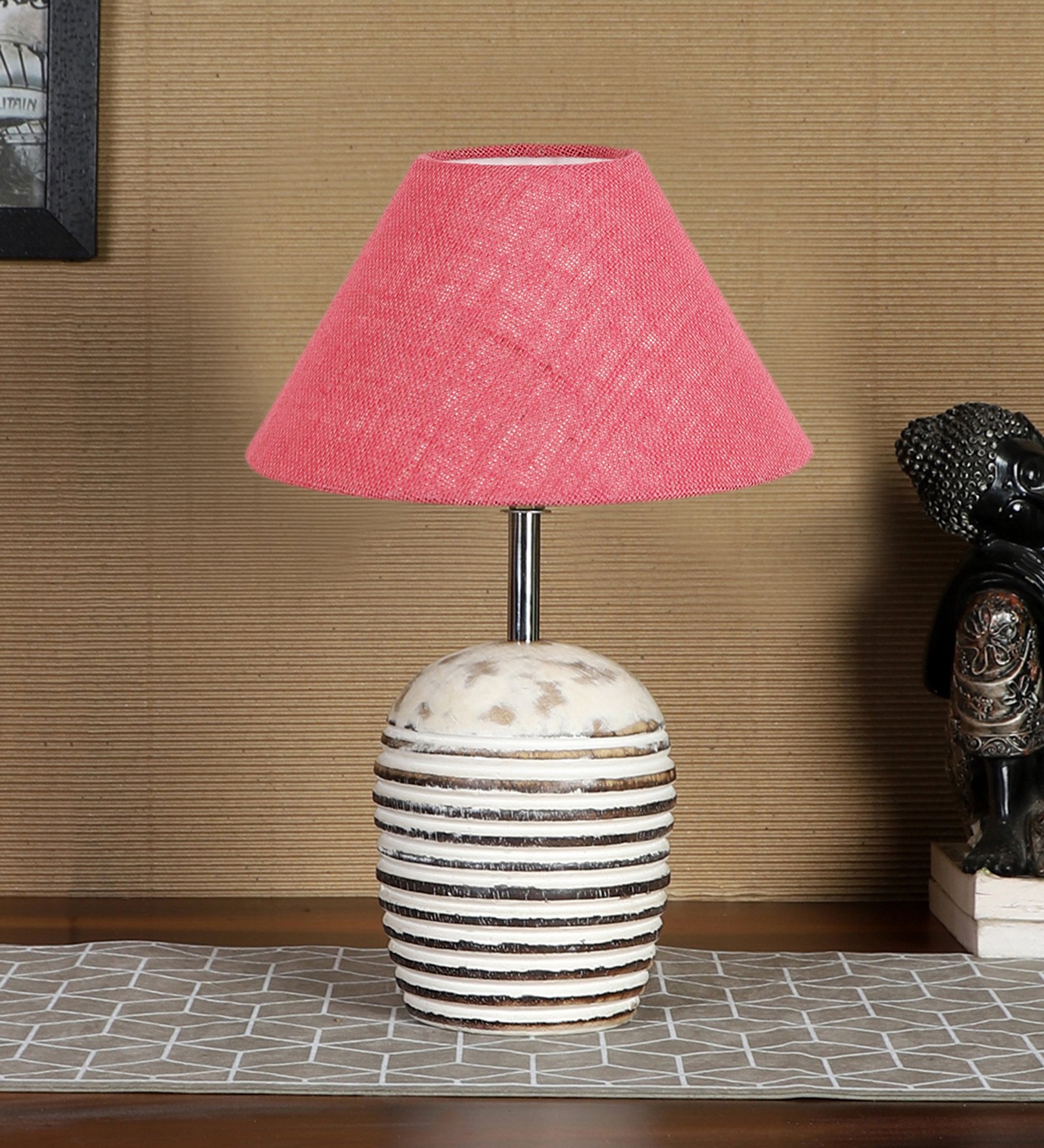 Ambika Home Premium Pink Jute Table Lamp with Wooden Base | Designer Bedside Lamp for Living Room, Bedroom, Hotel, Café & Restaurant