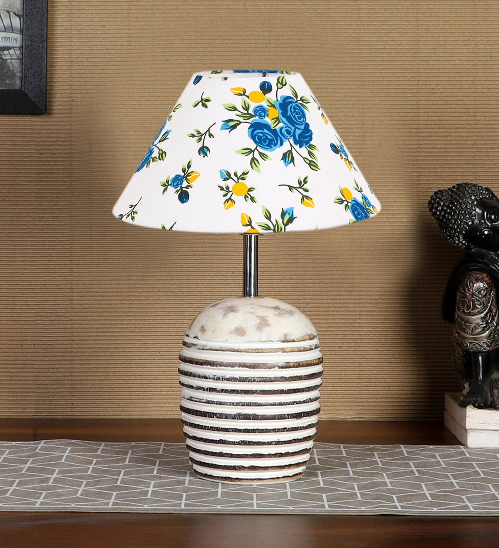 Ambika Home Premium Multi Cotton Table Lamp with Wooden Base | Designer Bedside Lamp for Living Room, Bedroom, Hotel, Café & Restaurant