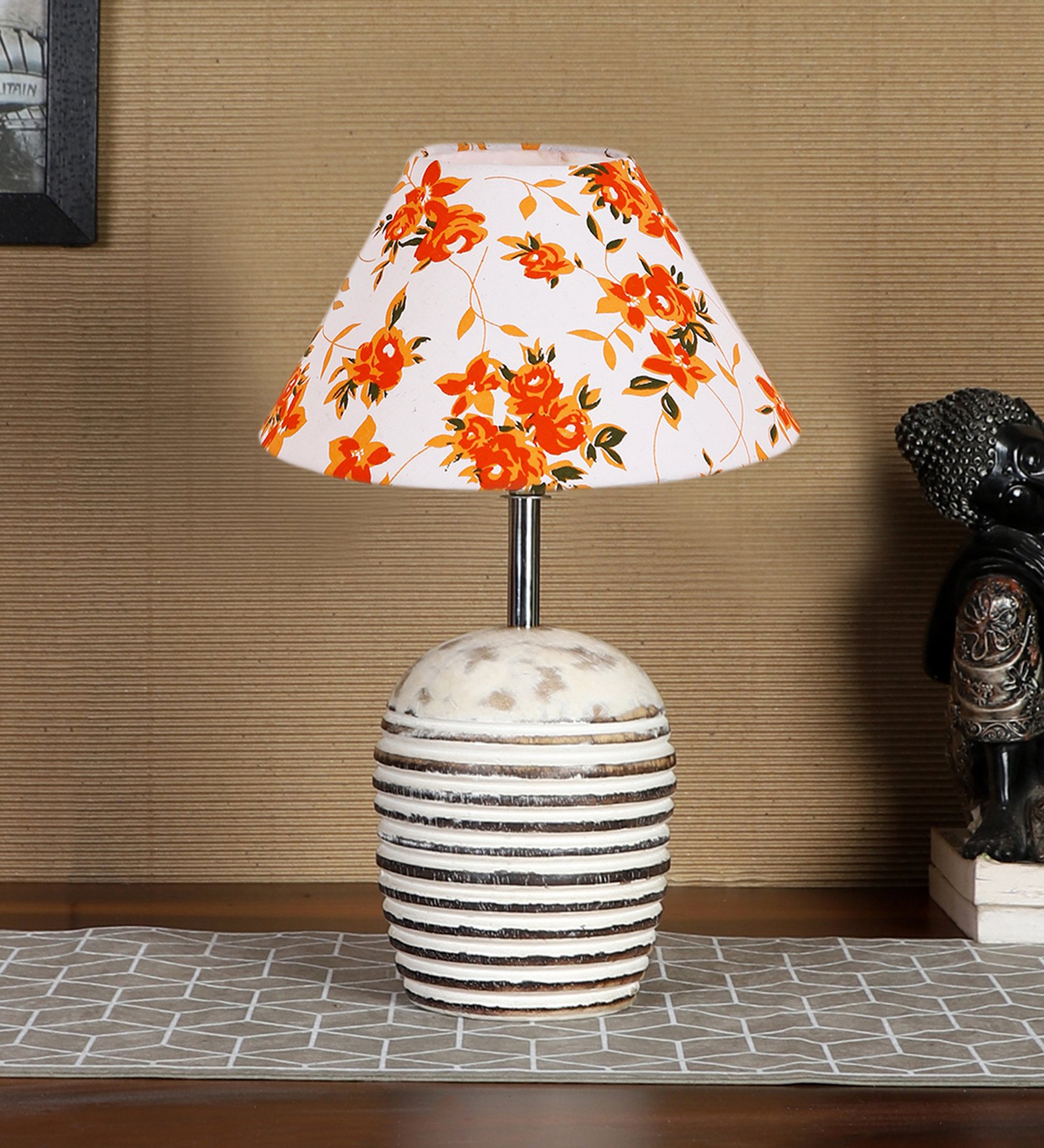Ambika Home Premium Multi Cotton Table Lamp with Wooden Base | Designer Bedside Lamp for Living Room, Bedroom, Hotel, Café & Restaurant