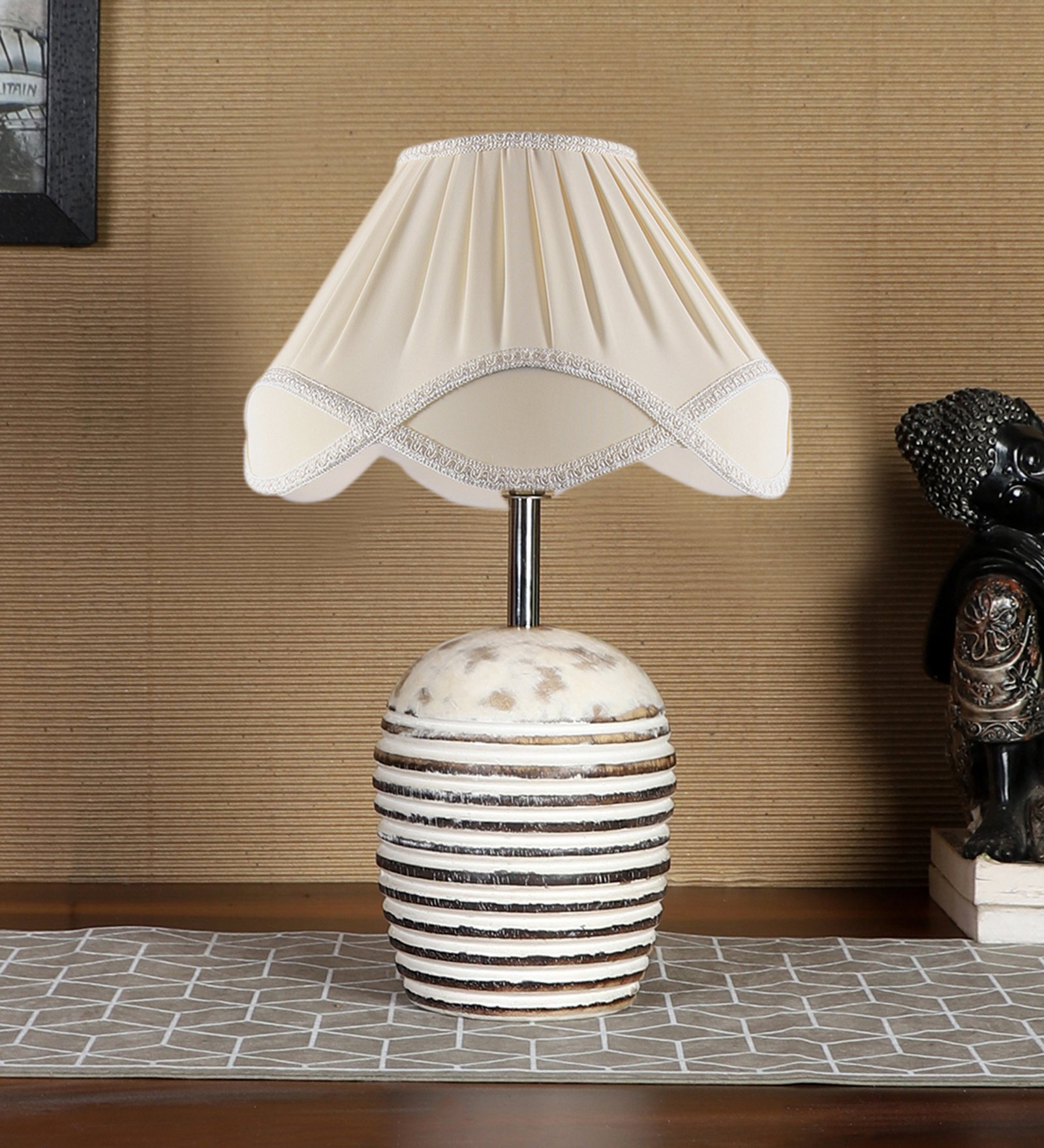 Ambika Home Premium off-white Cotton Table Lamp with Wooden Base | Designer Bedside Lamp for Living Room, Bedroom, Hotel, Café & Restaurant