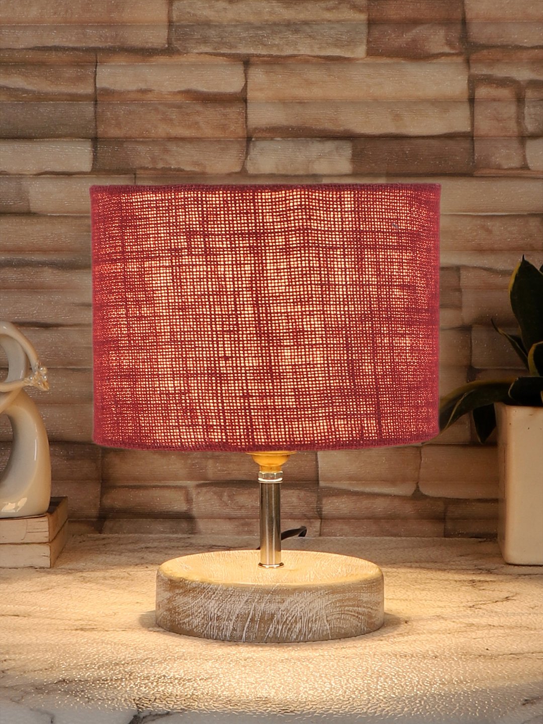 Ambika Home Maroon Wood White Brushed Decorative Table Lamp | Premium Handmade Home Decor | Bedroom Living Room Bedside Hotel Café | WK30 - Image 2