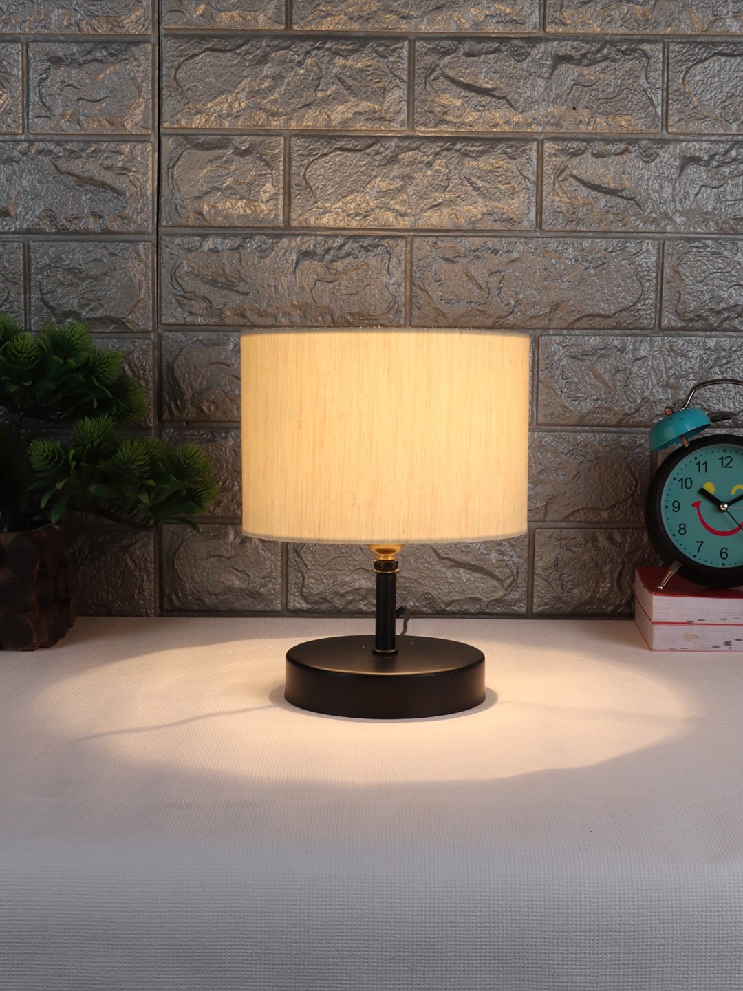 Ambika Home Off-white cotton Table Lamp with Black Wood Base | Designer Bedside Lamp for Living Room, Bedroom, Hotel, Café & Restaurant - Image 2