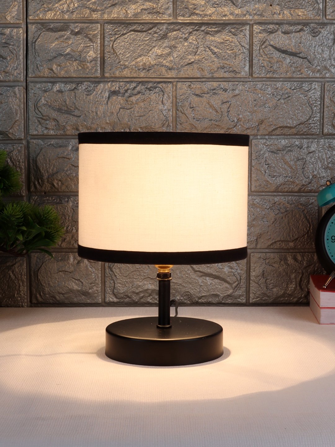 Ambika Home White cotton Table Lamp with Black Wood Base | Designer Bedside Lamp for Living Room, Bedroom, Hotel, Café & Restaurant - Image 2