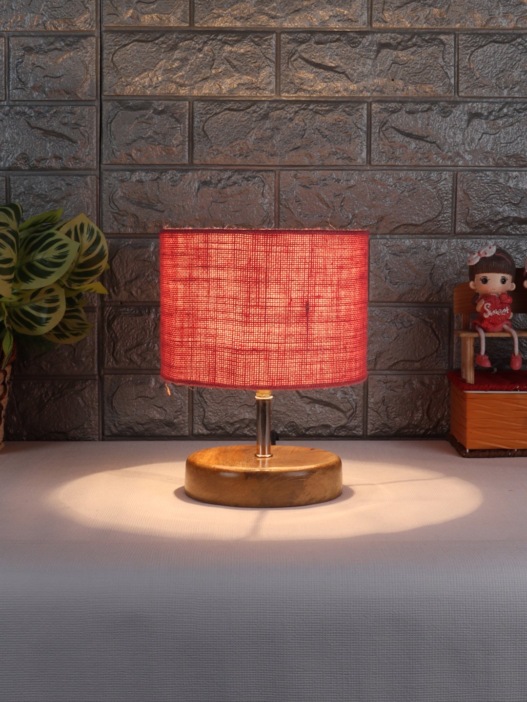 Ambika Home Pink Jute Table Lamp with Natural Wood Base | Designer Bedside Lamp for Living Room, Bedroom, Hotel, Café & Restaurant - Image 2