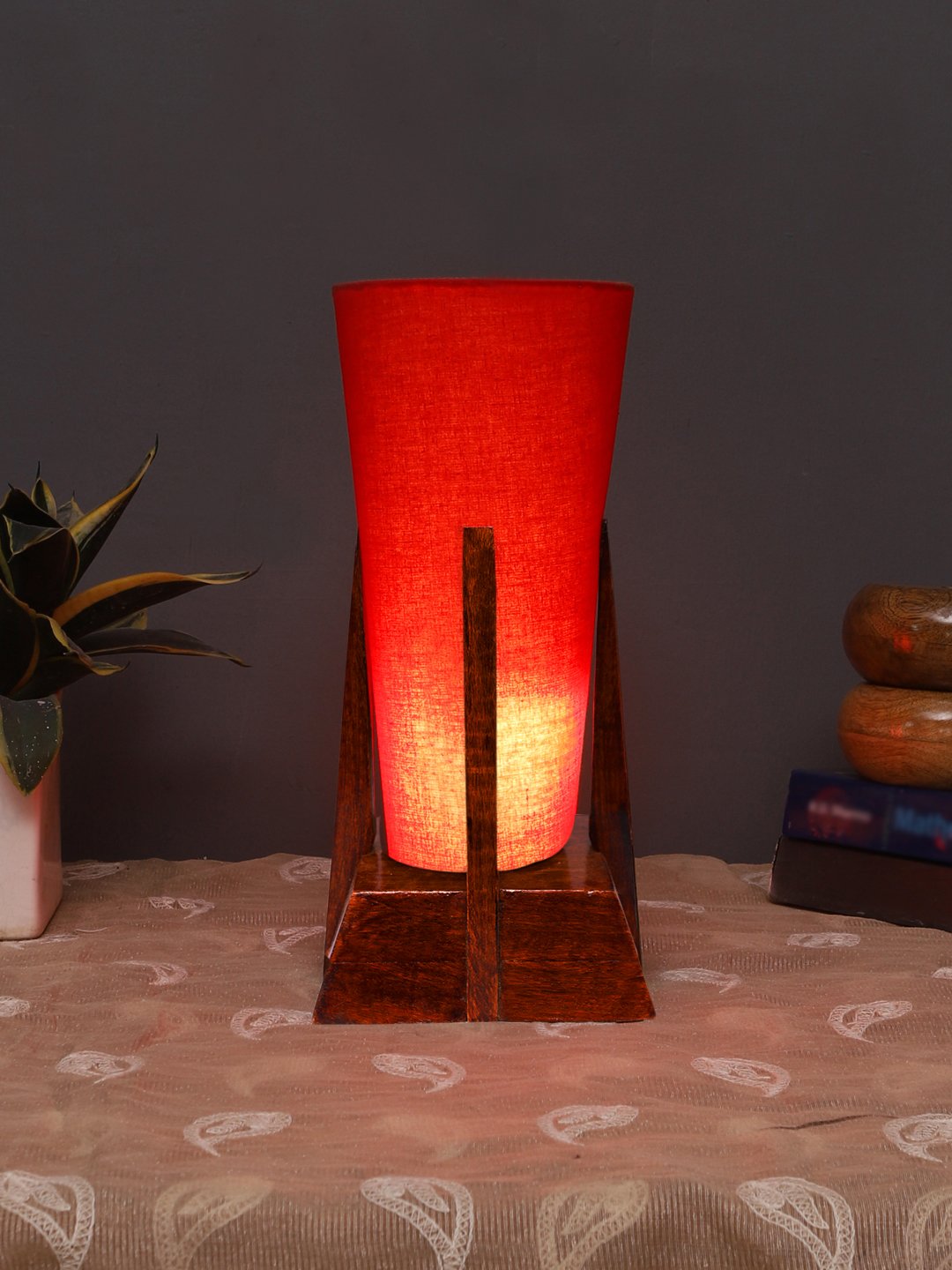 Ambika Home Red Cotton Conical Wooden Table Lamp | Modern Bedside Lamp for Bedroom, Living Room, Hotel, Café & Home Décor - Image 2