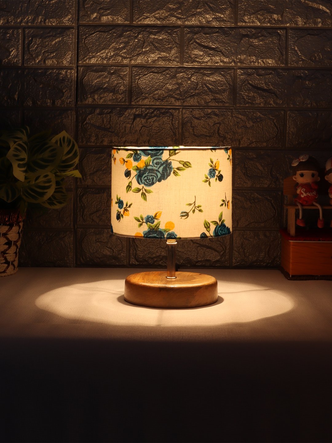 Ambika Home Multicolor cotton Table Lamp with Natural Wood Base | Designer Bedside Lamp for Living Room, Bedroom, Hotel, Café & Restaurant - Image 2