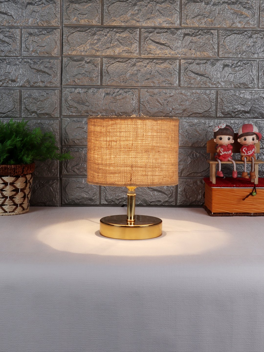 Ambika Home Beige Jute Table Lamp with Gold Metal Base | Designer Bedside Lamp for Living Room, Bedroom, Hotel, Café & Restaurant - Image 2
