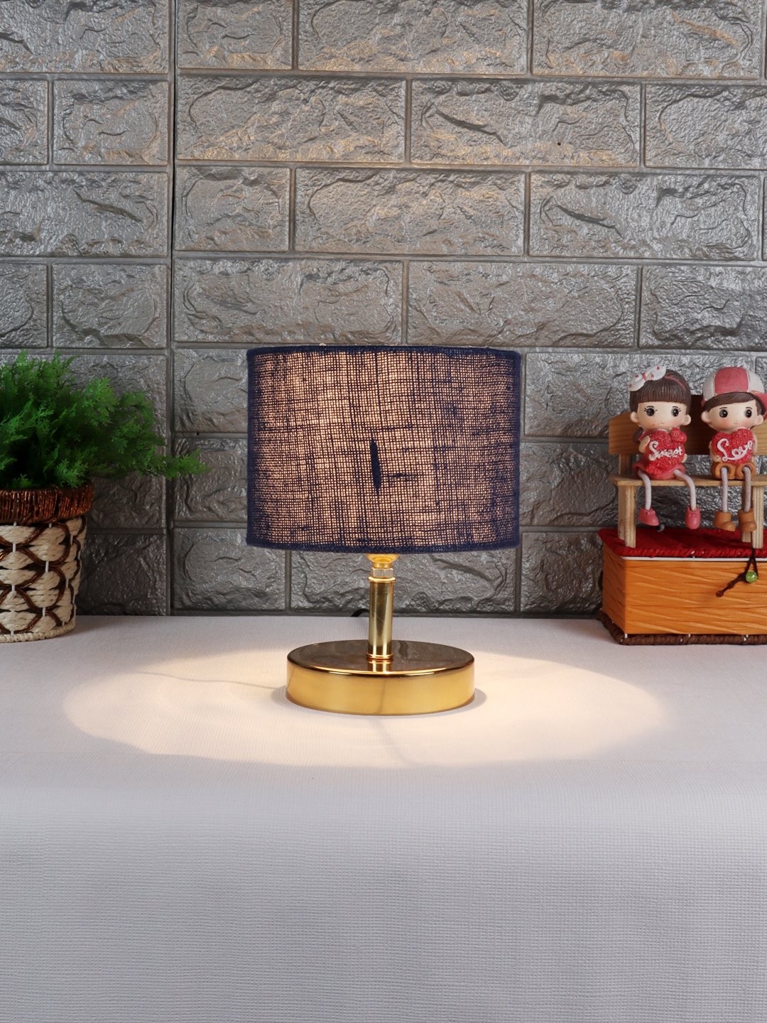 Ambika Home Blue Jute Table Lamp with Gold Metal Base | Designer Bedside Lamp for Living Room, Bedroom, Hotel, Café & Restaurant - Image 2