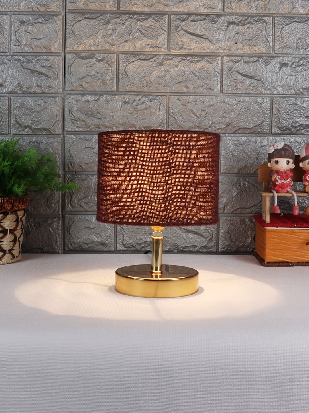 Ambika Home Brown Jute Table Lamp with Gold Metal Base | Designer Bedside Lamp for Living Room, Bedroom, Hotel, Café & Restaurant - Image 2