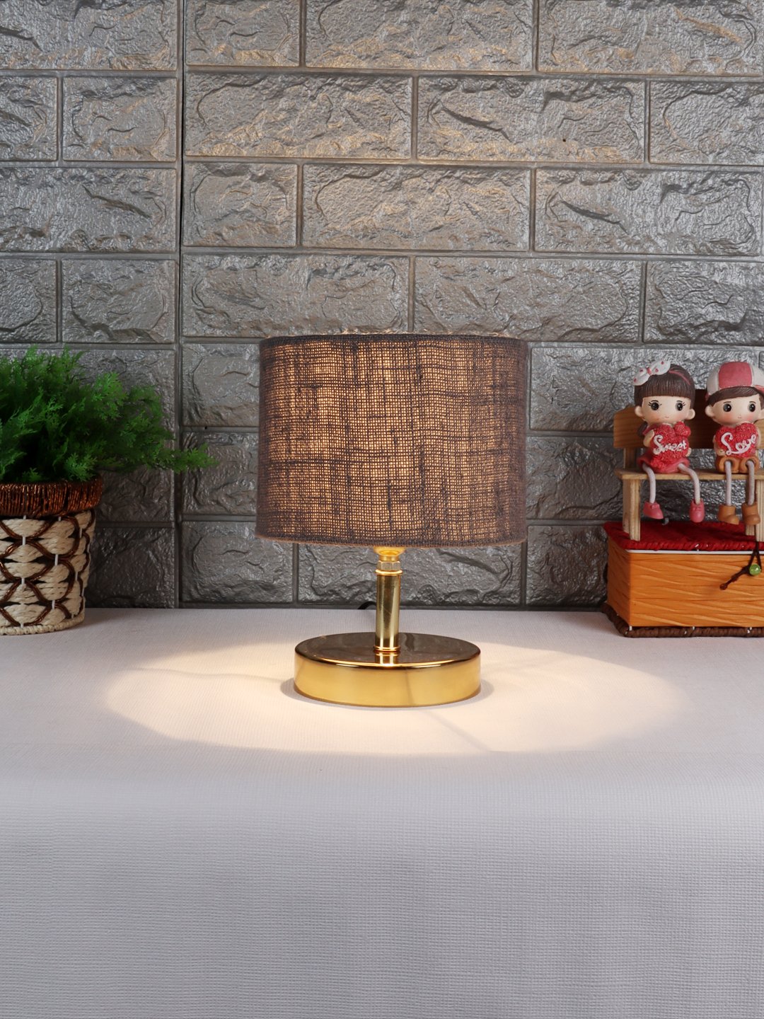 Ambika Home Grey Jute Table Lamp with Gold Metal Base | Designer Bedside Lamp for Living Room, Bedroom, Hotel, Café & Restaurant - Image 2