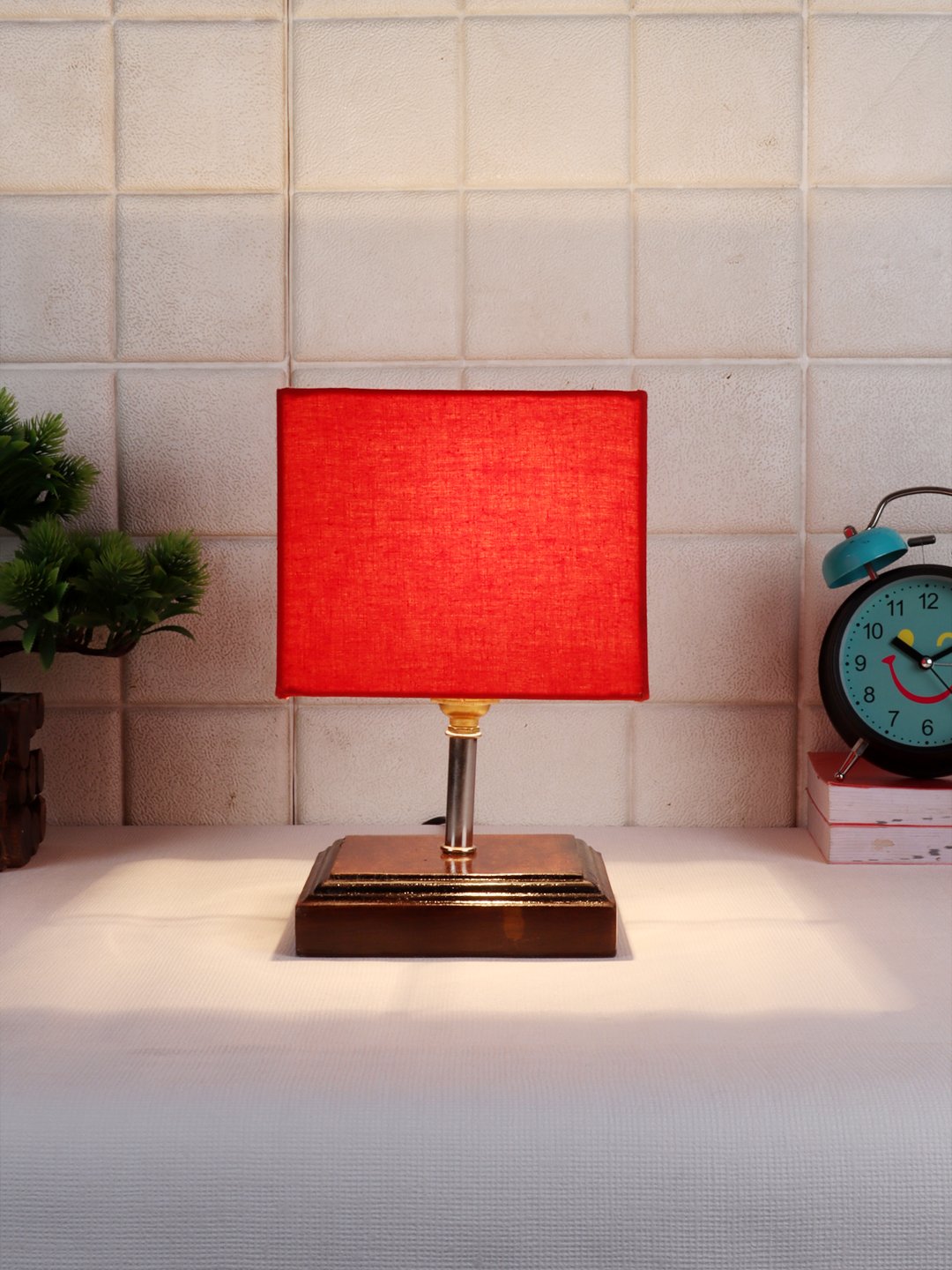 Ambika Home Red cotton Table Lamp with Brown Wood Base | Designer Bedside Lamp for Living Room, Bedroom, Hotel, Café & Restaurant - Image 2