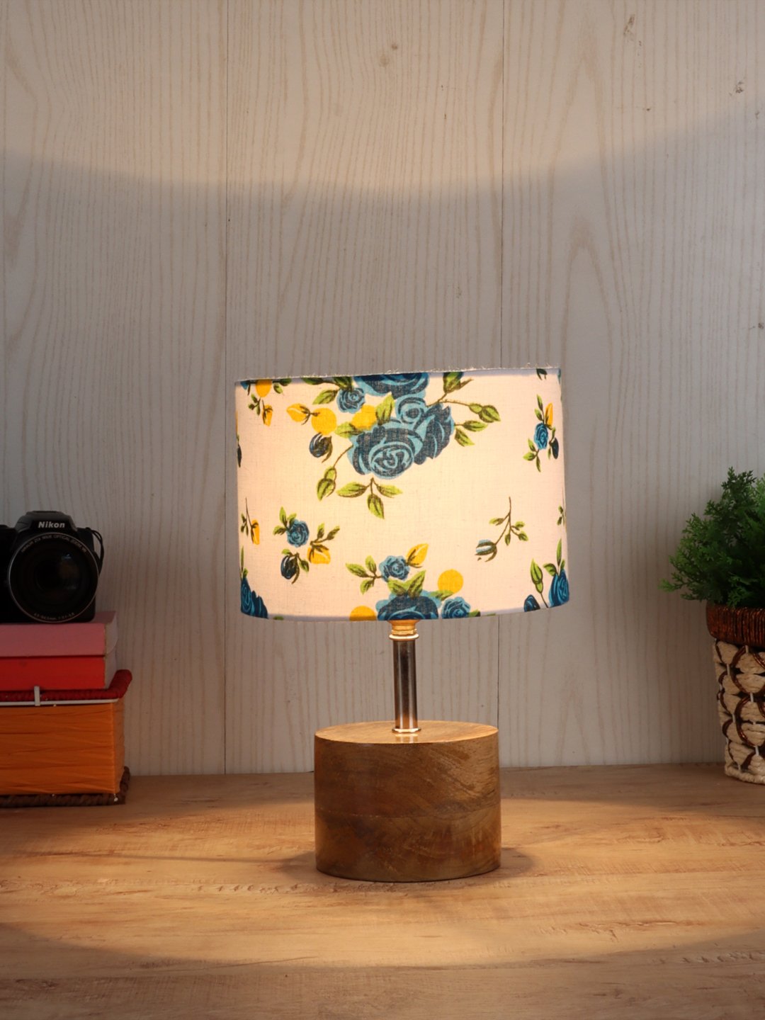 Ambika Home Multicolor cotton Table Lamp with Natural Wood Base | Designer Bedside Lamp for Living Room, Bedroom, Hotel, Café & Restaurant - Image 2