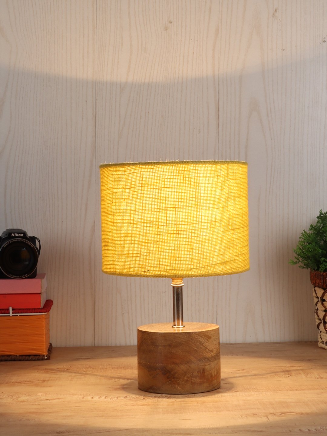Ambika Home Yellow Jute Table Lamp with Natural Wood Base | Designer Bedside Lamp for Living Room, Bedroom, Hotel, Café & Restaurant - Image 2