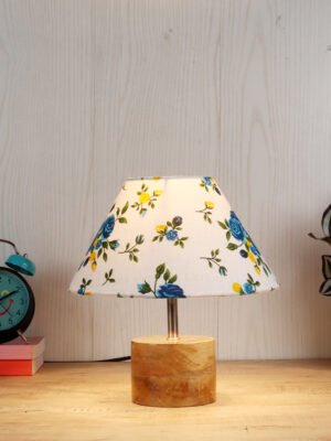 Ambika Home Multicolor cotton Table Lamp with Natural Wood Base | Designer Bedside Lamp for Living Room, Bedroom, Hotel, Café & Restaurant