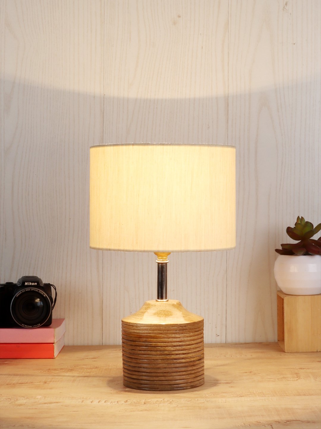 Ambika Home Off-white cotton Table Lamp with Natural Wood Base | Designer Bedside Lamp for Living Room, Bedroom, Hotel, Café & Restaurant - Image 2
