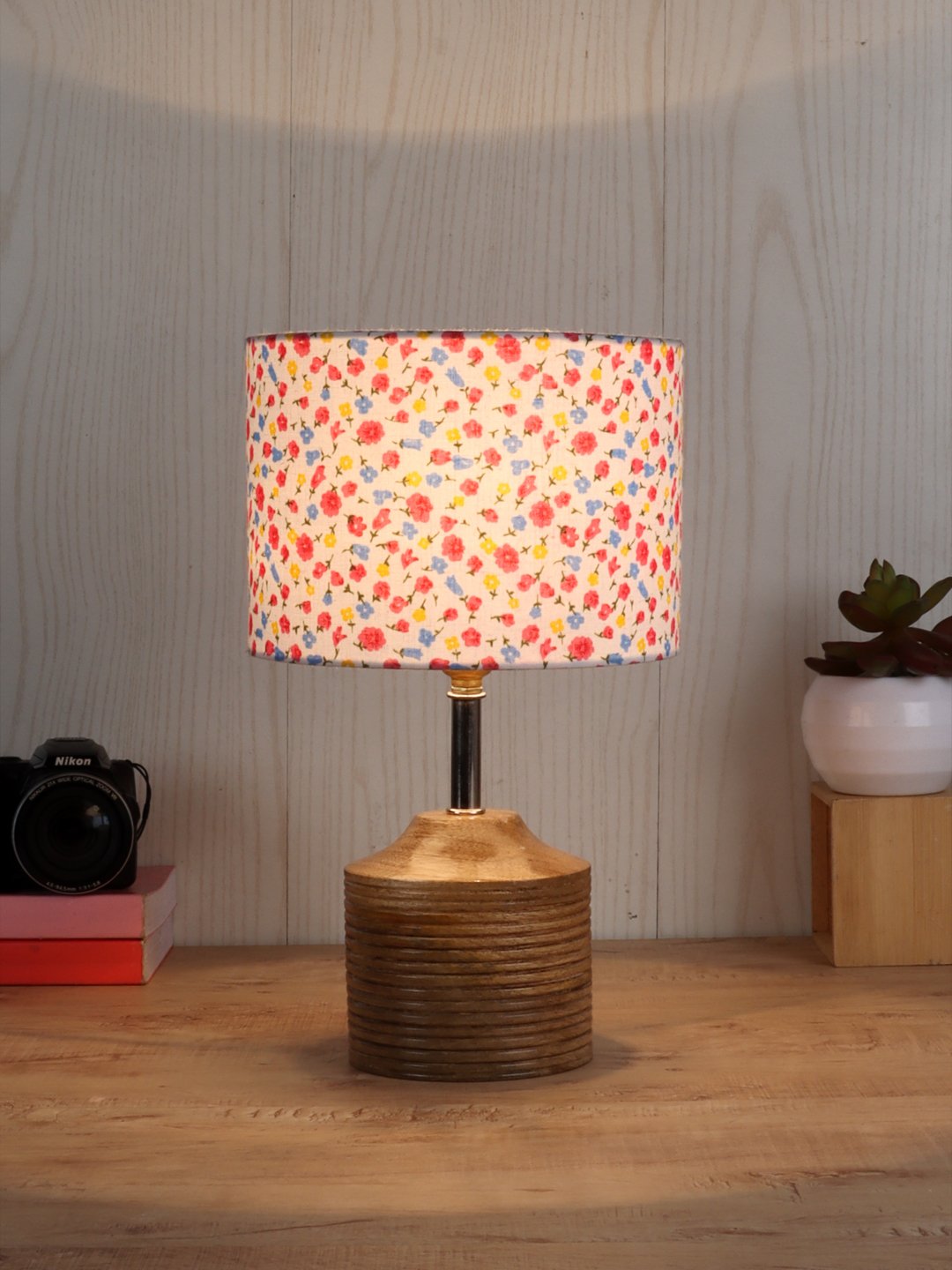 Ambika Home Multicolor cotton Table Lamp with Natural Wood Base | Designer Bedside Lamp for Living Room, Bedroom, Hotel, Café & Restaurant - Image 2