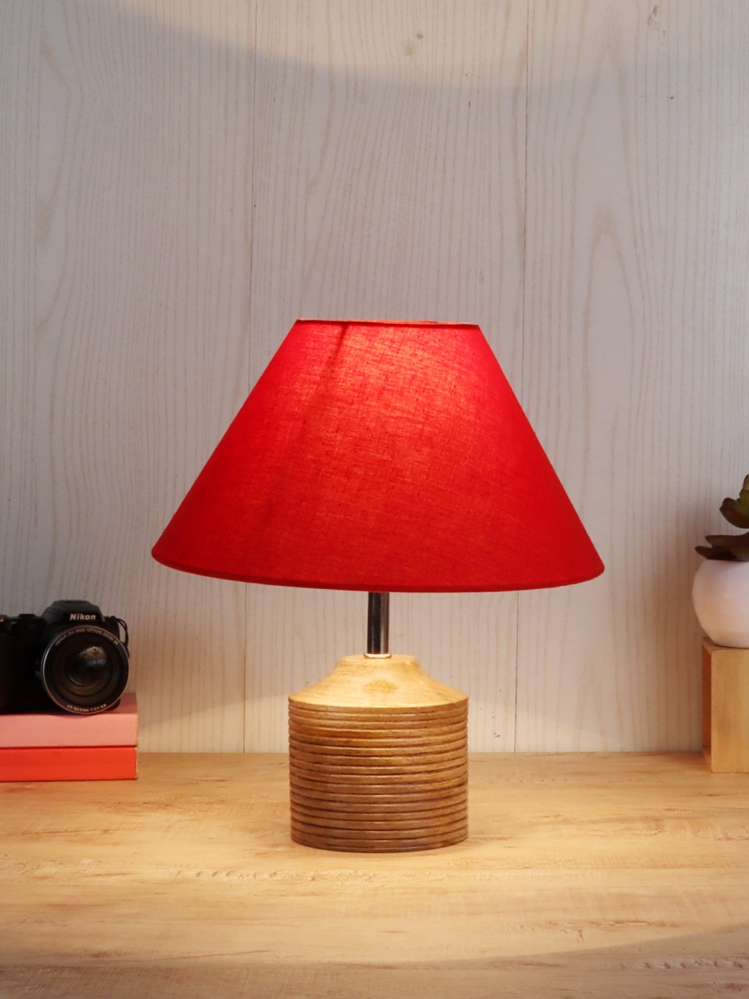 Ambika Home Red cotton Table Lamp with Natural Wood Base | Designer Bedside Lamp for Living Room, Bedroom, Hotel, Café & Restaurant - Image 2
