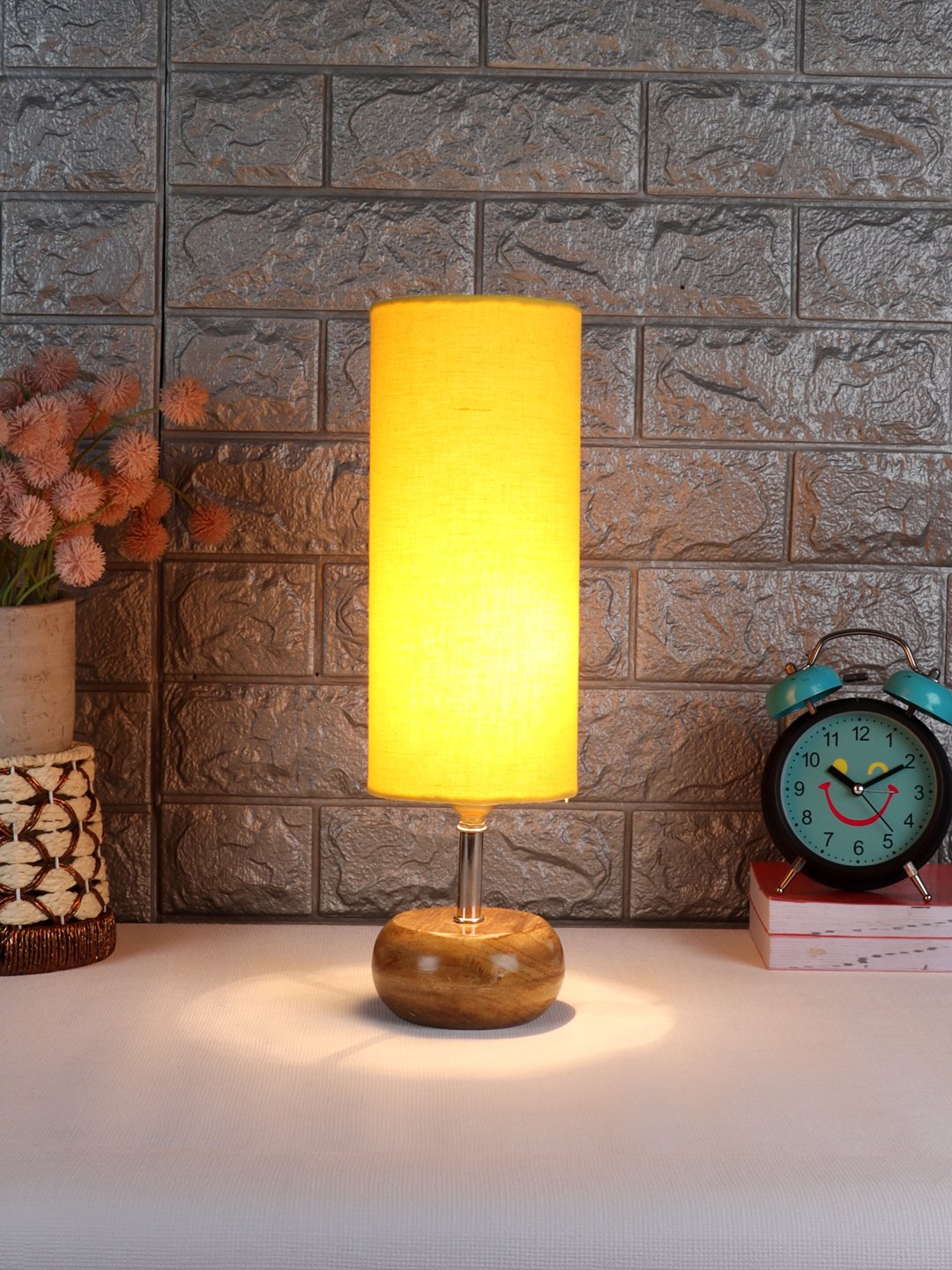 Ambika Home Yellow cotton Table Lamp with Natural Wood Base | Designer Bedside Lamp for Living Room, Bedroom, Hotel, Café & Restaurant - Image 2