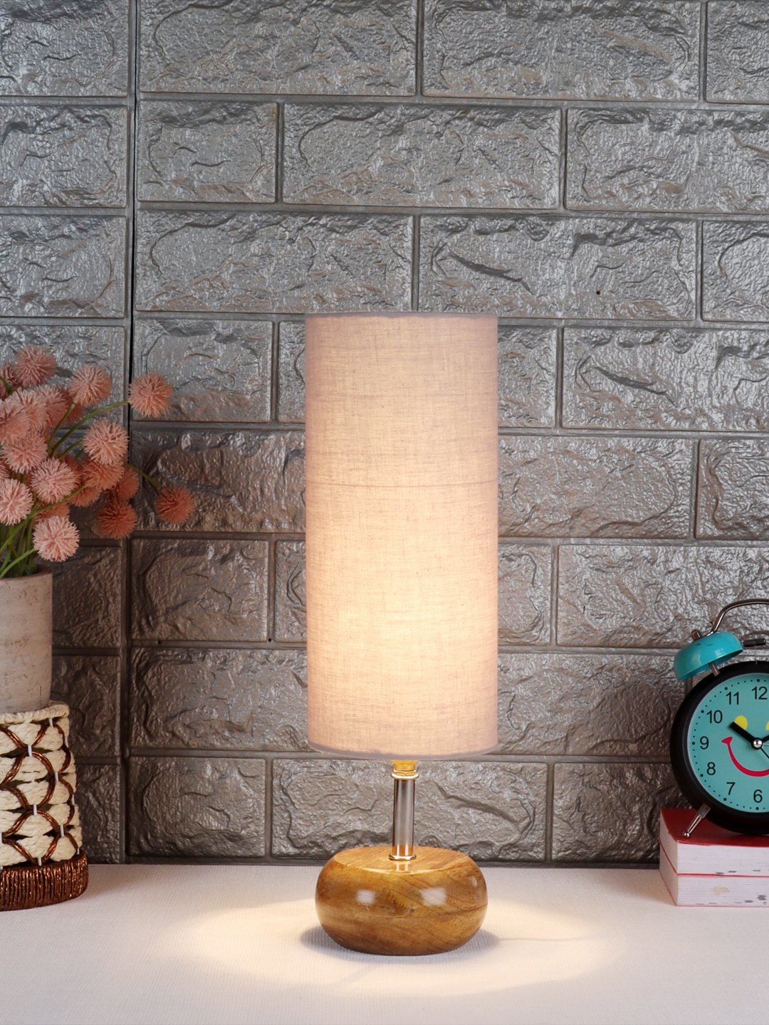 Ambika Home Grey cotton Table Lamp with Natural Wood Base | Designer Bedside Lamp for Living Room, Bedroom, Hotel, Café & Restaurant - Image 2