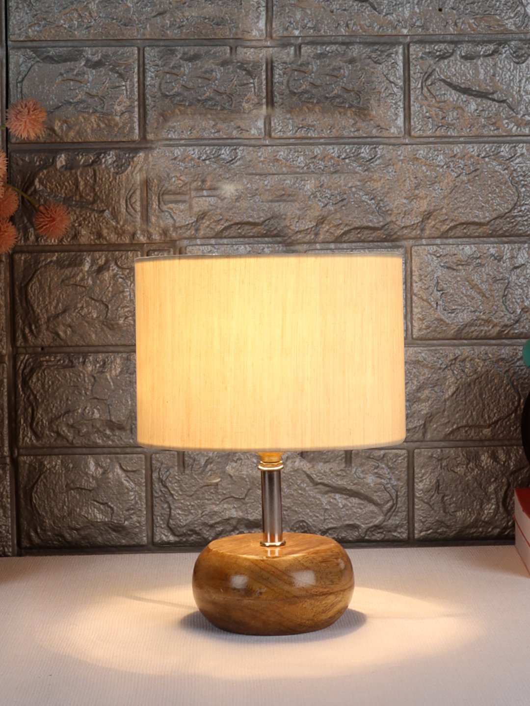 Devansh Off-white Cotton Table Lamp with Wooden Base | Decorative Bedside Lamp for Living Room, Bedroom, Hotel, Café, Restaurant & Home Décor - Image 2