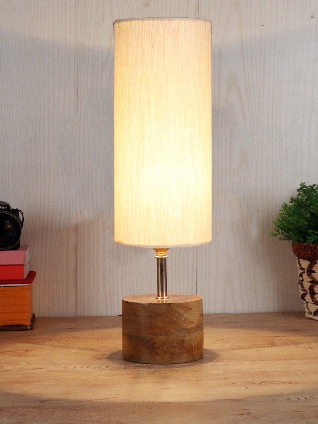 Devansh Off-white Cotton Table Lamp with Wooden Base | Decorative Bedside Lamp for Living Room, Bedroom, Hotel, Café, Restaurant & Home Décor - Image 2