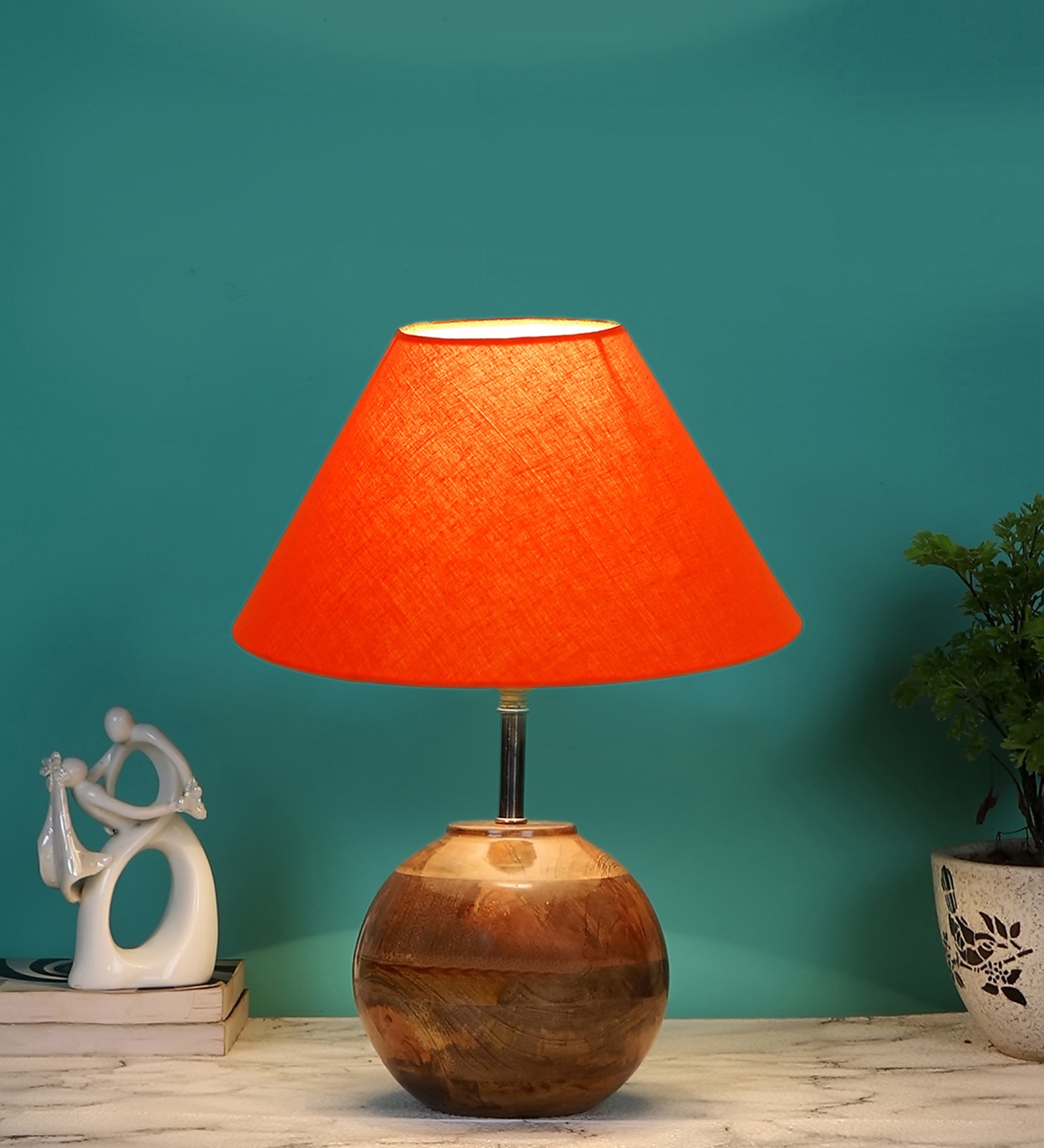 Ambika Home Premium Orange Cotton Table Lamp with Wooden Base | Designer Bedside Lamp for Living Room, Bedroom, Hotel, Café & Restaurant - Image 2