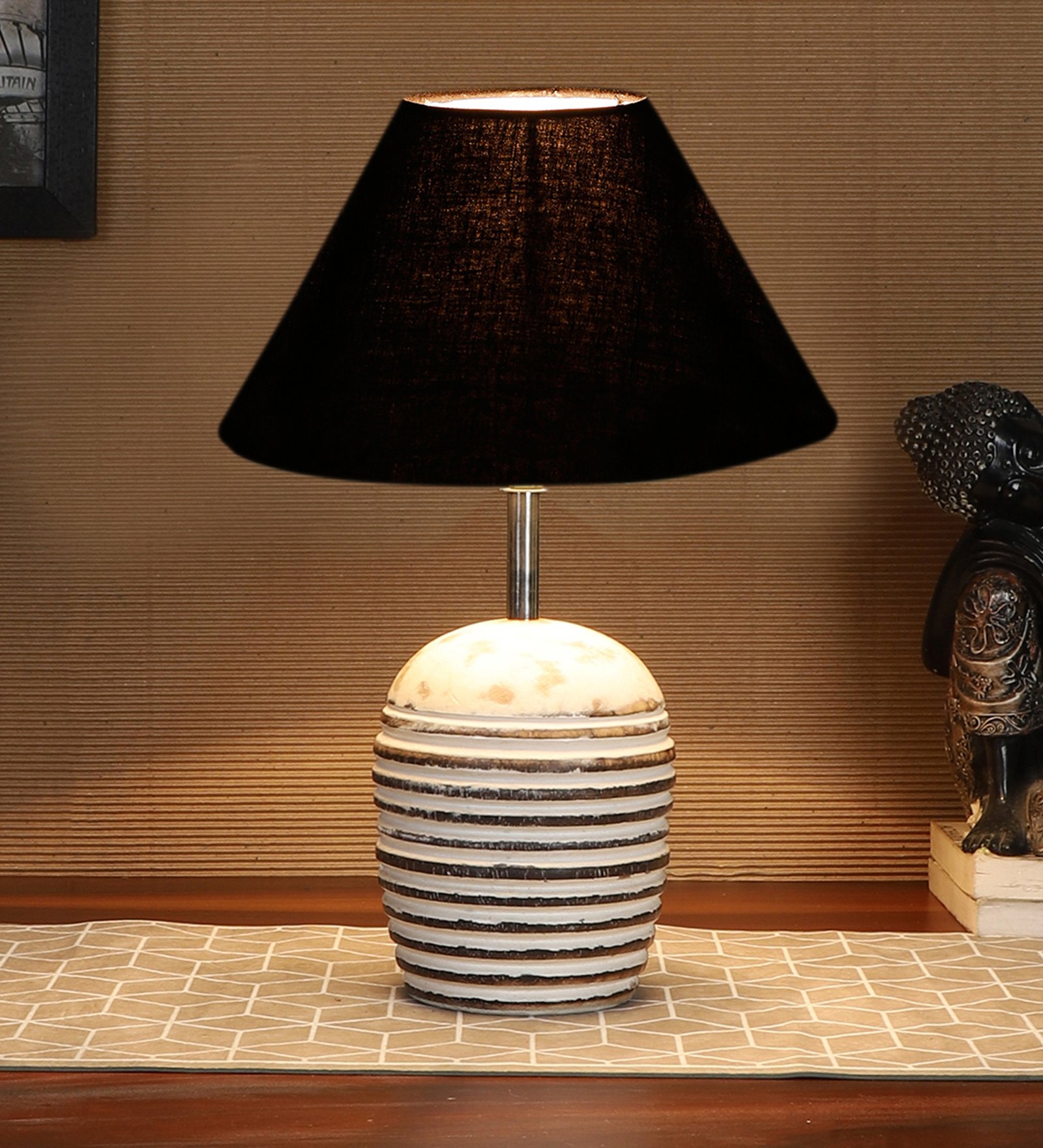 Ambika Home Premium Black Cotton Table Lamp with Wooden Base | Designer Bedside Lamp for Living Room, Bedroom, Hotel, Café & Restaurant - Image 2