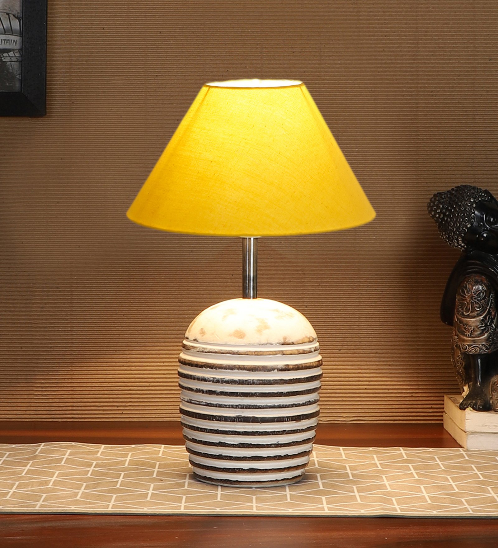 Ambika Home Premium Yellow Cotton Table Lamp with Wooden Base | Designer Bedside Lamp for Living Room, Bedroom, Hotel, Café & Restaurant - Image 2